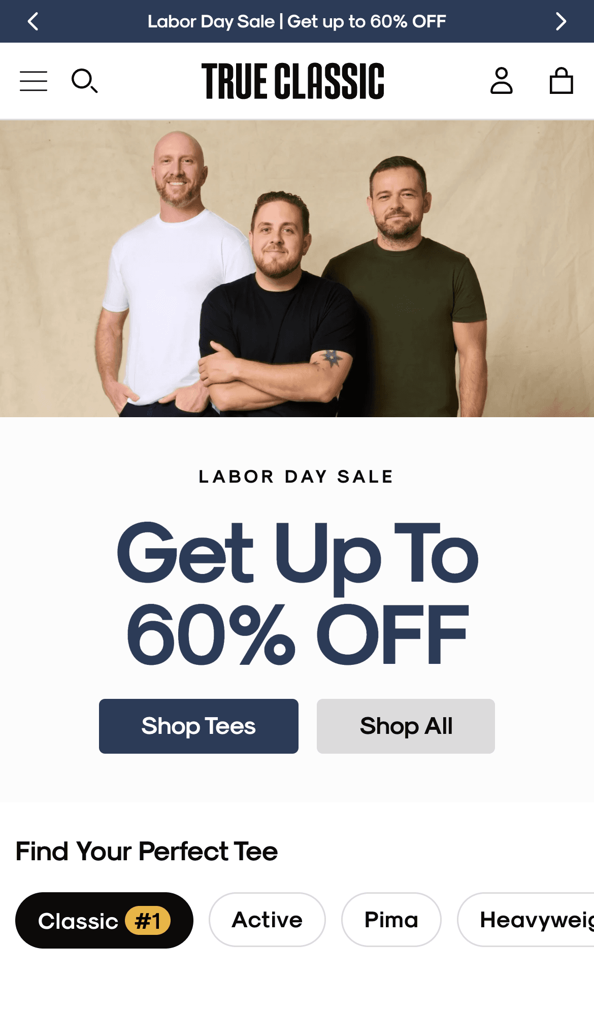 True Classic homepage on mobile