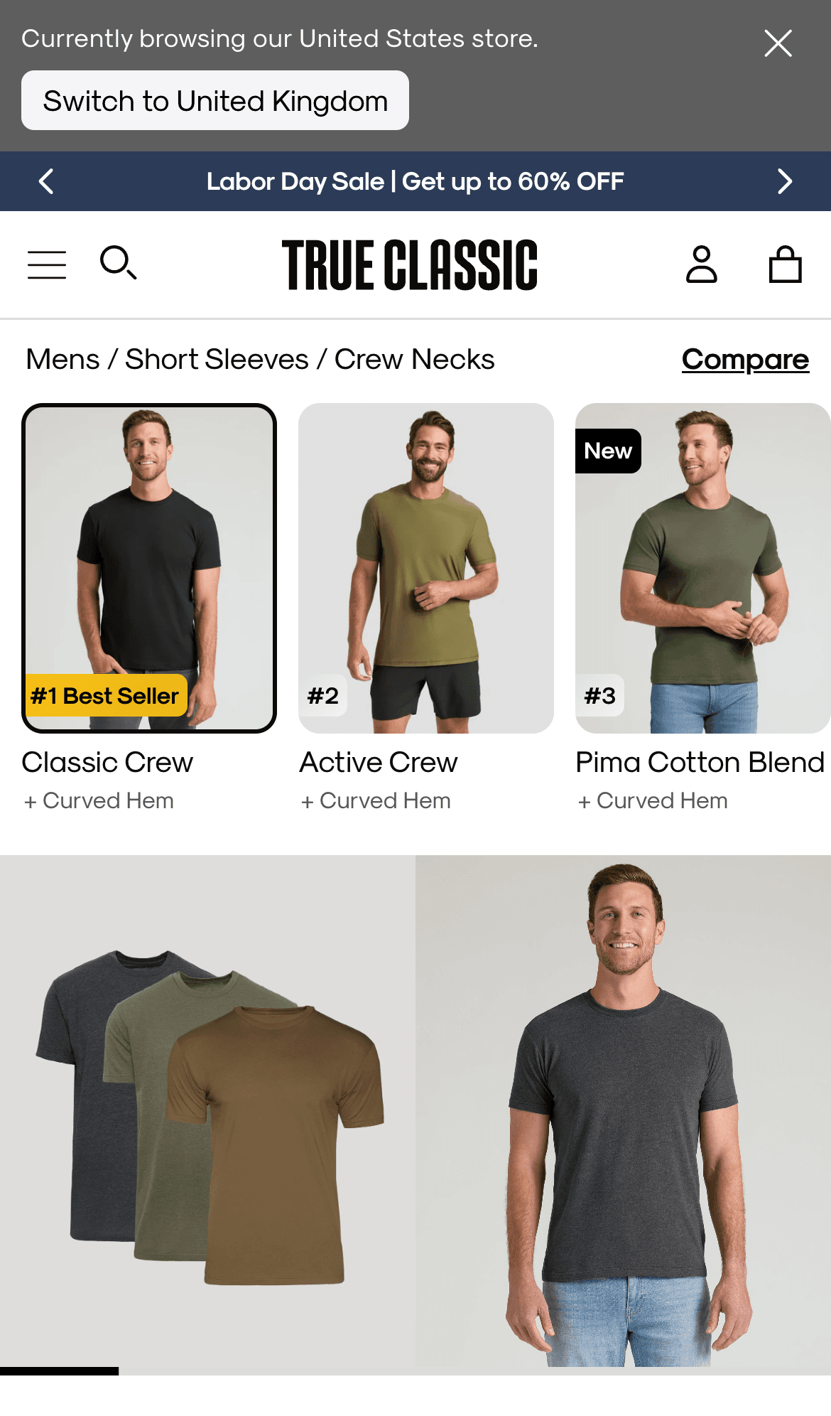 True Classic product page on mobile